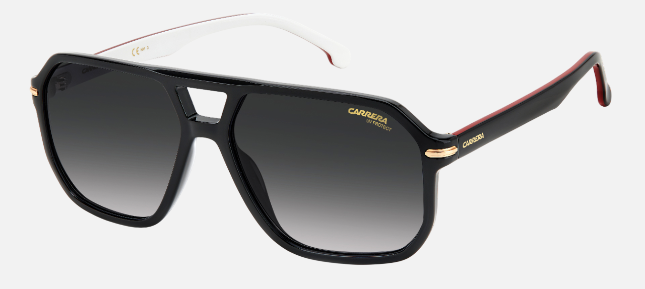 Carrera 302/S M4P men's full rim square sunglasses in a black plastic frame with gradient grey lenses. Features a 59 mm lens size, 15 mm bridge size, and 145 mm temple length. Available in Dubai, UAE.