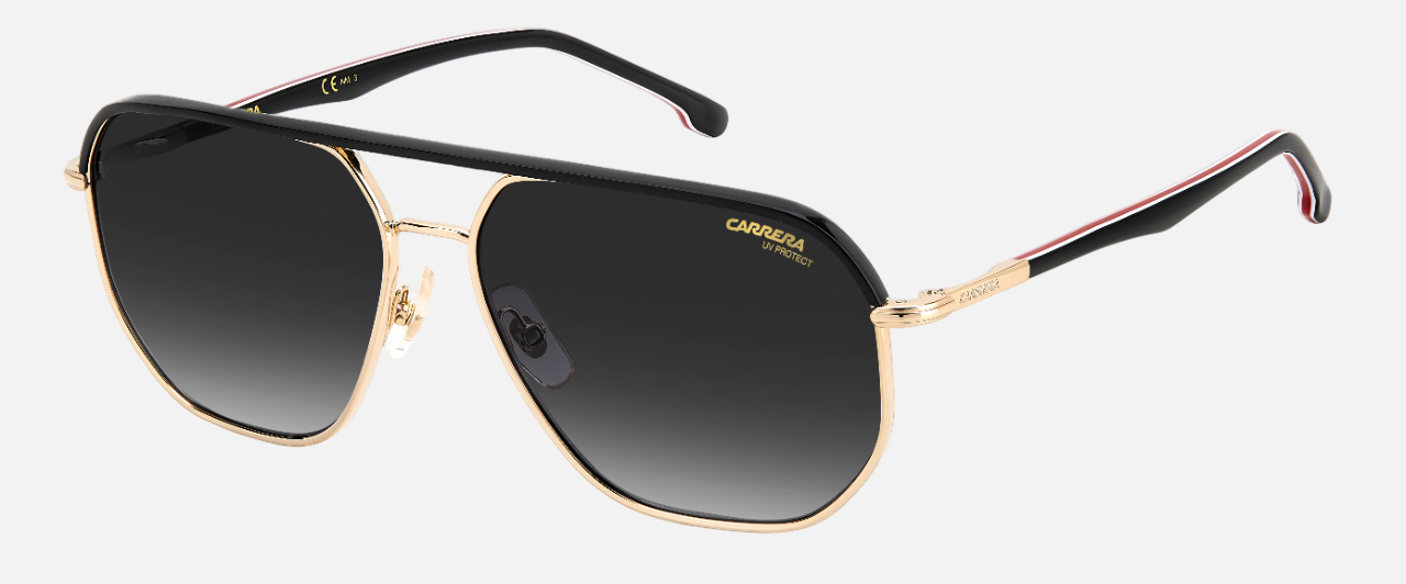Carrera 304/S W97 square sunglasses for men in full rim metal, with gold black frame, and gradient grey lenses. 59mm in lens size, 15mm in bridge size, and 145mm in temple length.