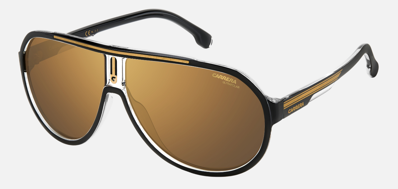 Carrera 1057/S 2M2 pilot sunglasses for men in full rim plastic, with black gold frame, and gold lenses. 64mm in lens size, 11mm in bridge size, and 135mm in temple length.