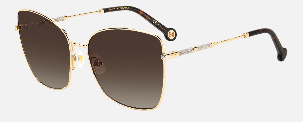 Carolina Herrera HER 0133/S 000 butterfly sunglasses for women in full rim metal, with rose gold frame, and gradient brown lenses. 59mm in lens size, 17mm in bridge size, and 145mm in temple length.