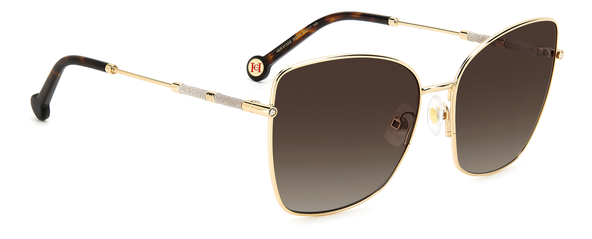 Carolina Herrera HER 0133/S 000 butterfly sunglasses for women in full rim metal, with rose gold frame, and gradient brown lenses. 59mm in lens size, 17mm in bridge size, and 145mm in temple length.