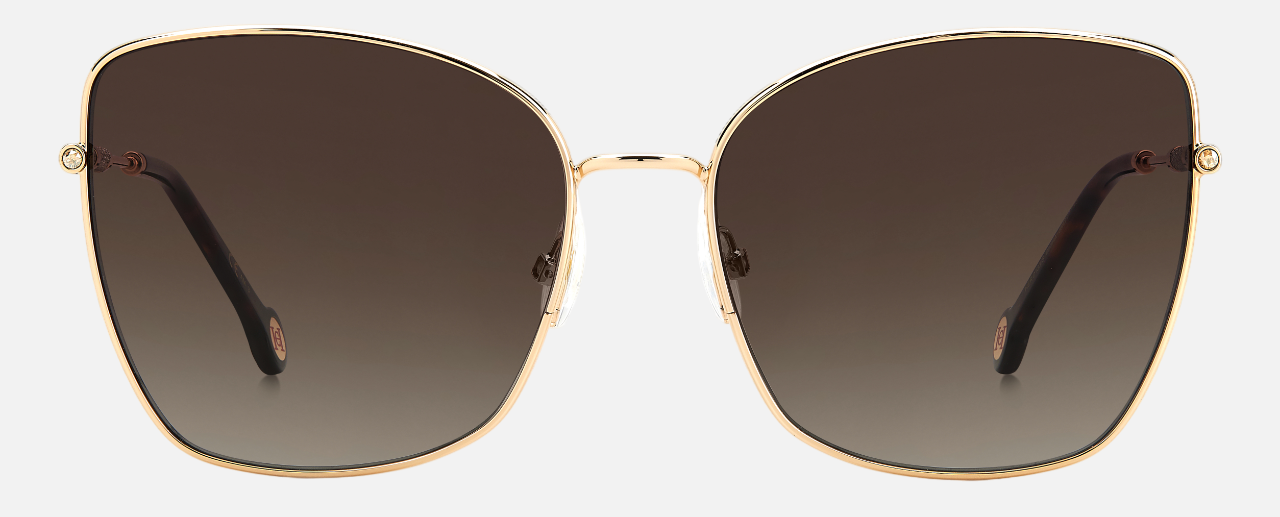 Carolina Herrera HER 0133/S 000 butterfly sunglasses for women in full rim metal, with rose gold frame, and gradient brown lenses. 59mm in lens size, 17mm in bridge size, and 145mm in temple length.