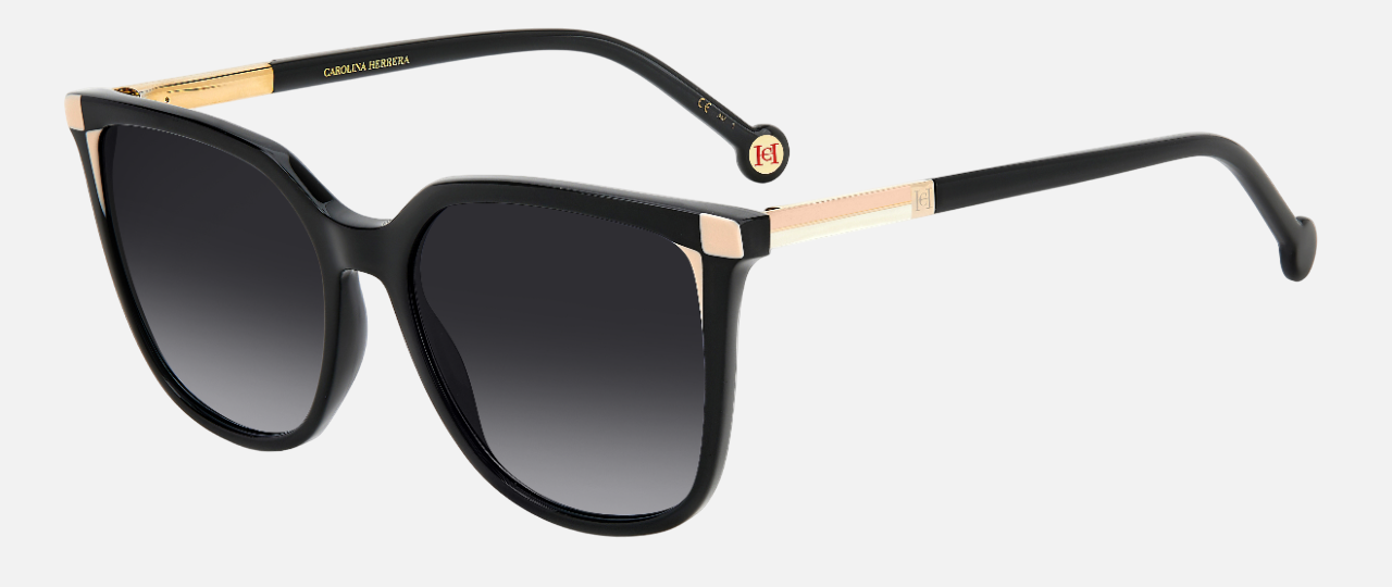 Carolina Herrera HER 0140/S KDX square sunglasses for women in full rim plastic, with black nude frame, and gradient grey lenses. 54mm in lens size, 17mm in bridge size, and 145mm in temple length.