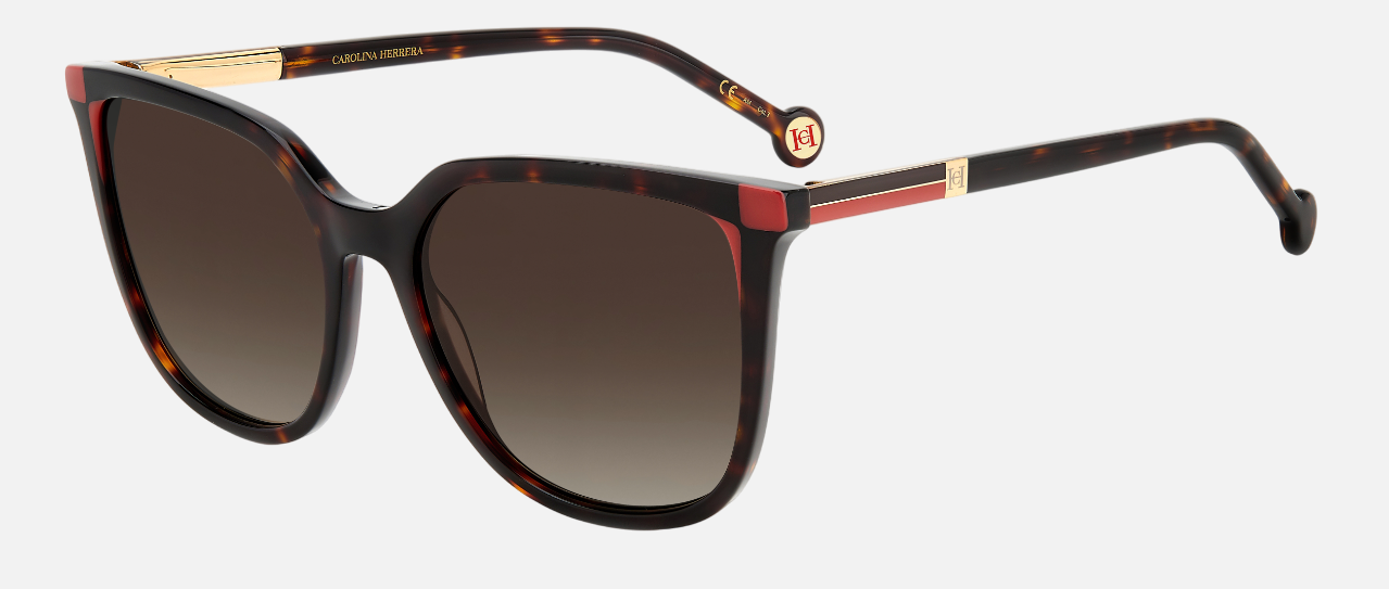 Carolina Herrera HER 0140/S O63 square sunglasses for women in full rim plastic, with havana red frame, and gradient brown lenses. 54mm in lens size, 17mm in bridge size, and 145mm in temple length.
