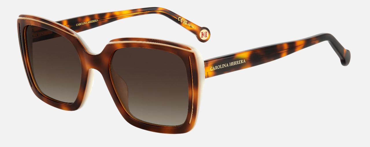 Carolina Herrera HER 0143/G/S C9K square sunglasses for women in full rim plastic, with havana white frame, and gradient brown lenses. 53mm in lens size, 20mm in bridge size, and 145mm in temple length.