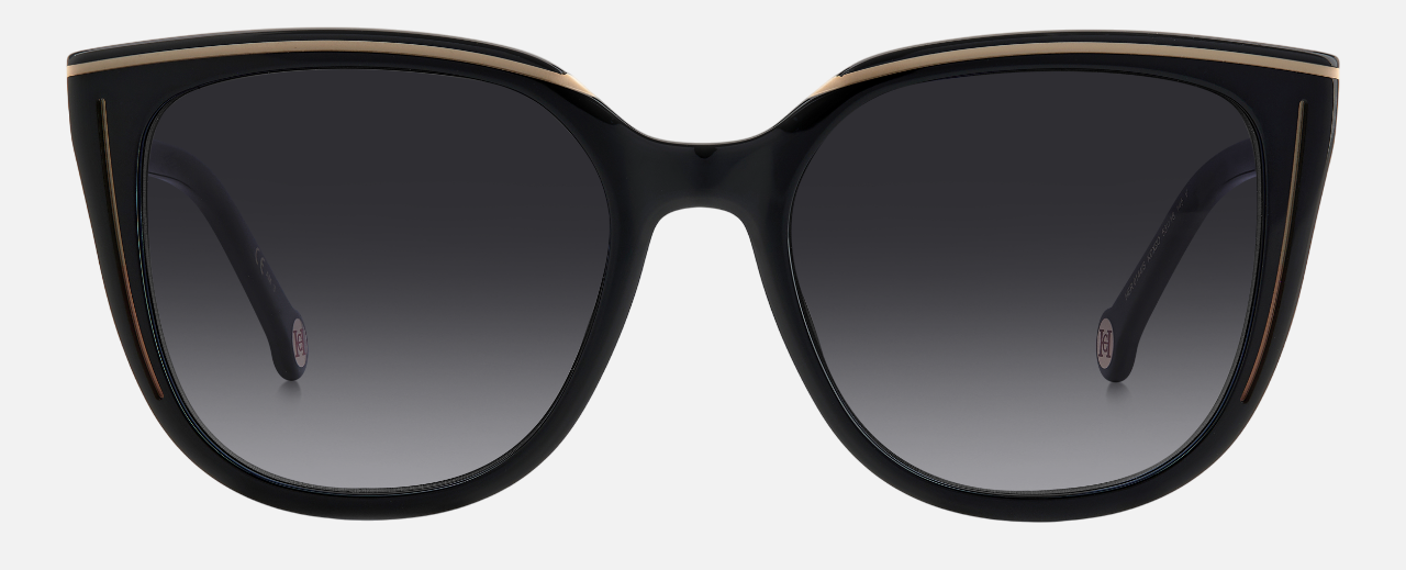 Carolina Herrera HER 0144/S KDX cat-eye sunglasses for women in full rim plastic, with black nude frame, and gradient grey lenses. 53mm in lens size, 18mm in bridge size, and 145mm in temple length.