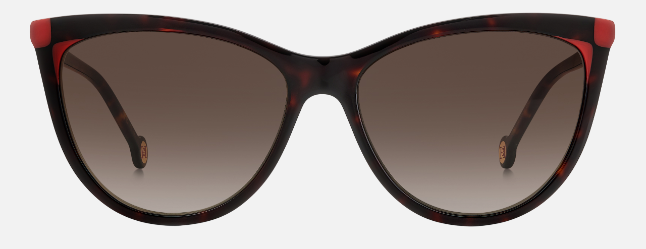 Carolina Herrera HER 0141/S O63 cat-eye sunglasses for women in full rim plastic, with havana red frame, and gradient brown lenses. 57mm in lens size, 15mm in bridge size, and 145mm in temple length.