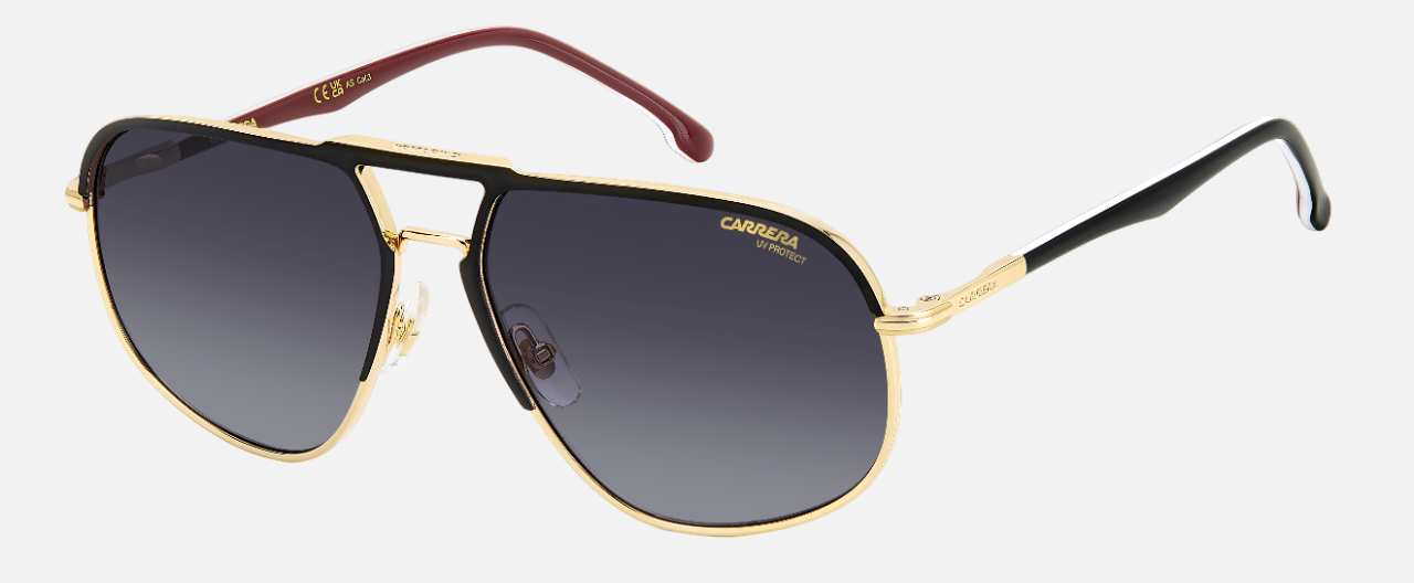 Carrera 318/S I46 pilot sunglasses for men in full rim metal, with matte black gold frame, and gradient grey lenses. 60mm in lens size, 16mm in bridge size, and 145mm in temple length.