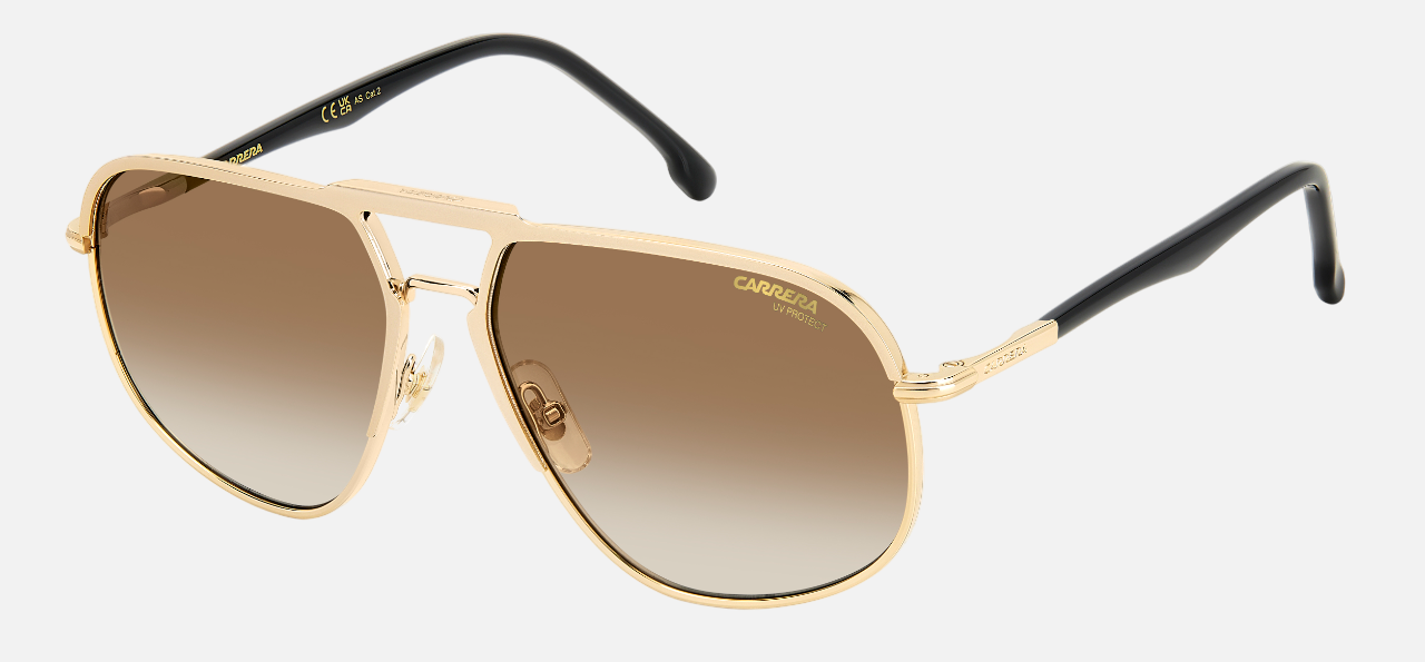 Carrera 318/S J5G pilot sunglasses for men in full rim metal, with gold frame, and gradient brown lenses. 60mm in lens size, 16mm in bridge size, and 145mm in temple length.