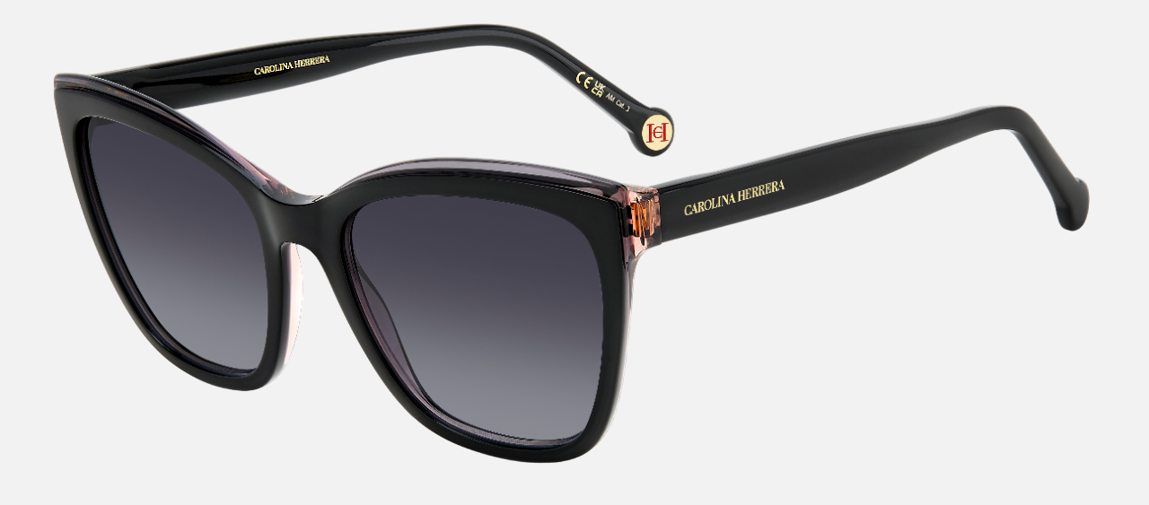 Carolina Herrera HER 0188/S KDX square sunglasses for women in full rim plastic, with black frame, and gradient grey lenses. 55mm in lens size, 19mm in bridge size, and 145mm in temple length.