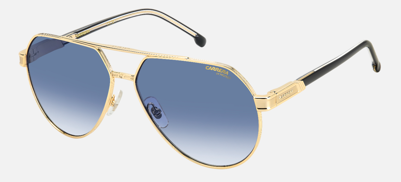 Carrera 1067/S J5G pilot sunglasses for men in full rim metal, with gold frame, and gradient blue lenses. 62mm in lens size, 14mm in bridge size, and 145mm in temple length.