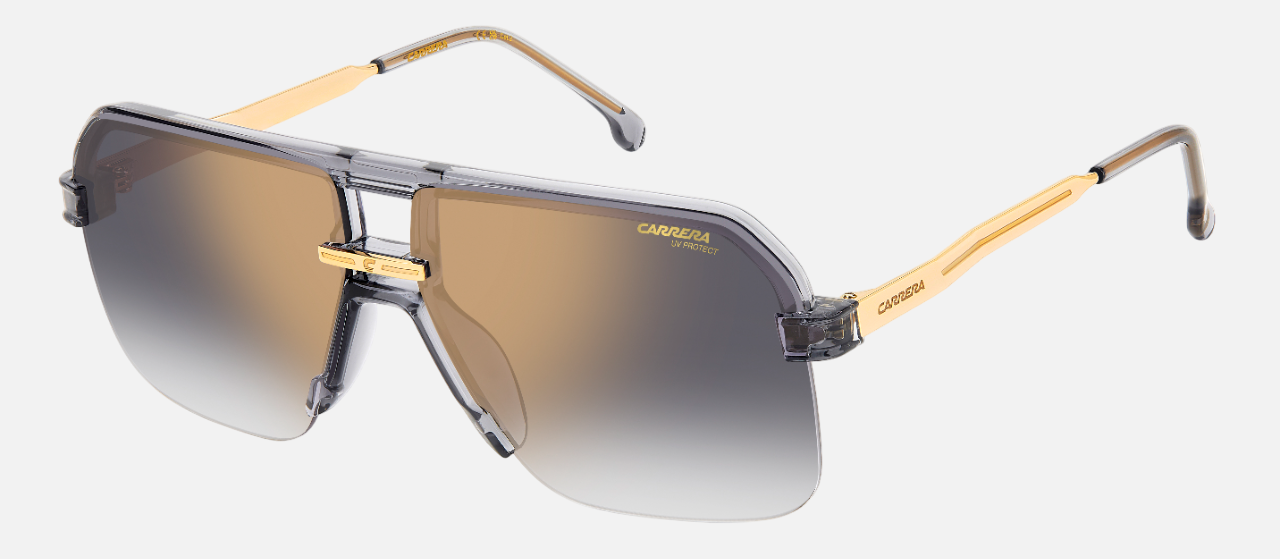 Carrera 1066/S KB7 pilot sunglasses for men in rimless metal, with transparent dark grey frame, and gradient grey gold mirror lenses. 63mm in lens size, 12mm in bridge size, and 145mm in temple length.