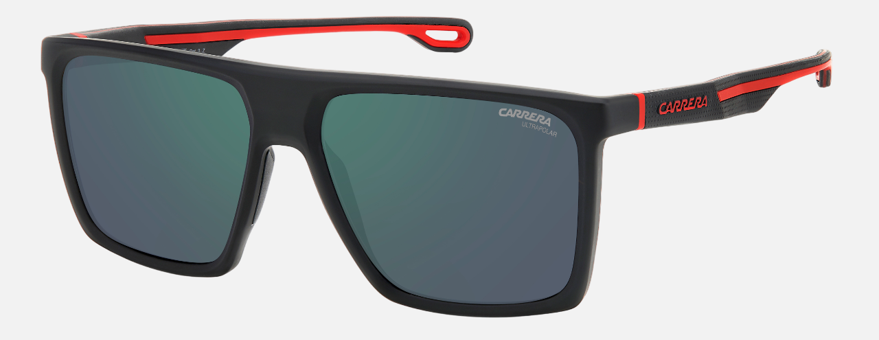 Carrera 4019/S BLX men's full rim rectangle sunglasses in a matte black plastic frame with green mirror lenses. Features a 58 mm lens size, 16 mm bridge size, and 145 mm temple length. Available in Dubai, UAE.