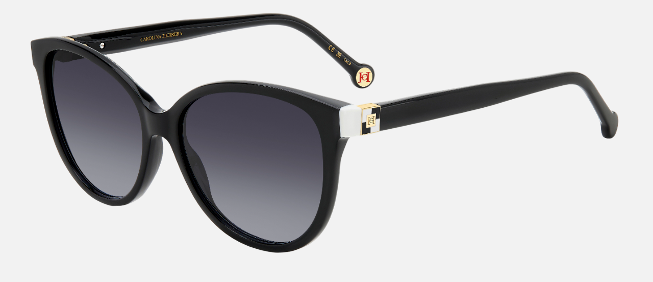 Carolina Herrera HER 0237/S 80S cat-eye sunglasses for women in full rim plastic, with black white frame, and gradient grey lenses. 56mm in lens size, 16mm in bridge size, and 145mm in temple length.