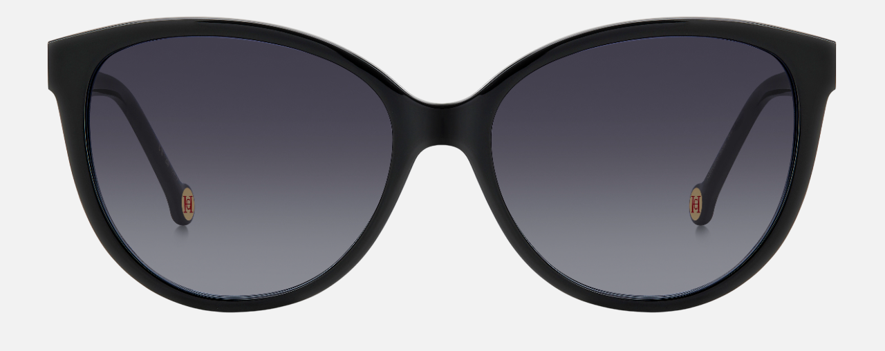 Carolina Herrera HER 0237/S 80S cat-eye sunglasses for women in full rim plastic, with black white frame, and gradient grey lenses. 56mm in lens size, 16mm in bridge size, and 145mm in temple length.