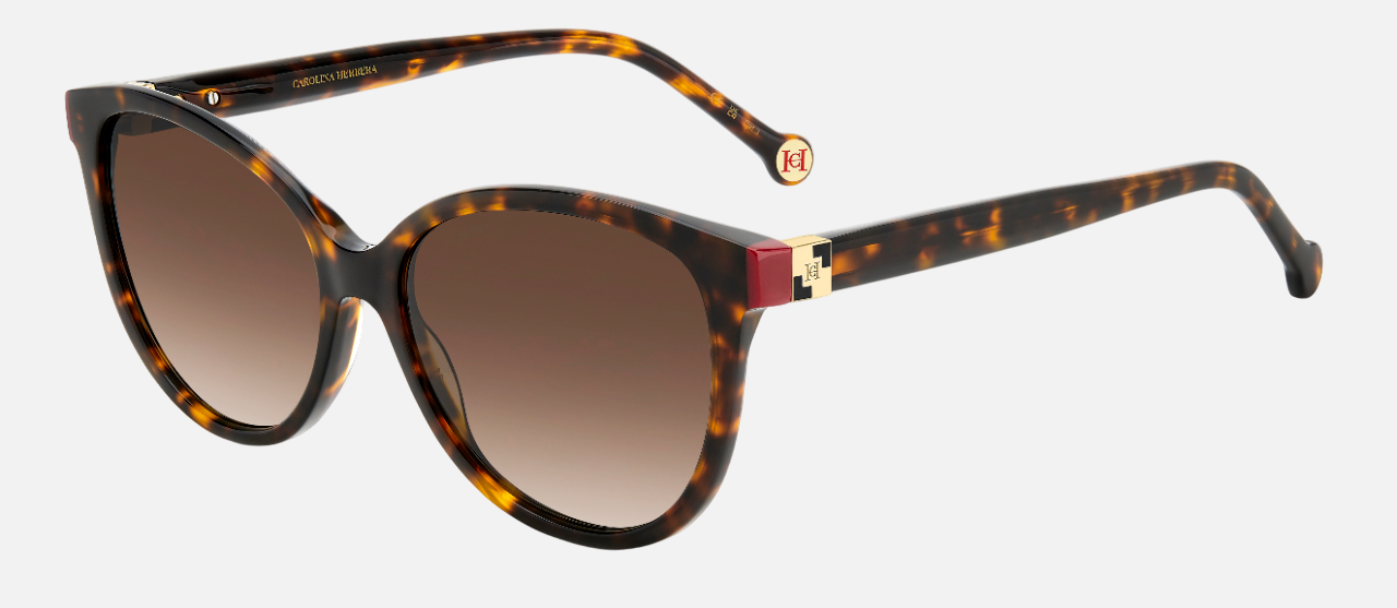 Carolina Herrera HER 0237/S O63 cat-eye sunglasses for women in full rim plastic, with havana red frame, and gradient brown lenses. 56mm in lens size, 16mm in bridge size, and 145mm in temple length.