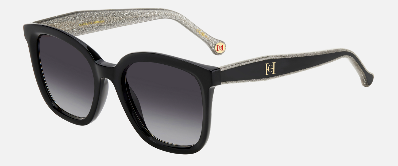 Carolina Herrera HER 0225/G/S BSC square sunglasses for women in full rim plastic, with black grey frame, and gradient grey lenses. 54mm in lens size, 20mm in bridge size, and 145mm in temple length.
