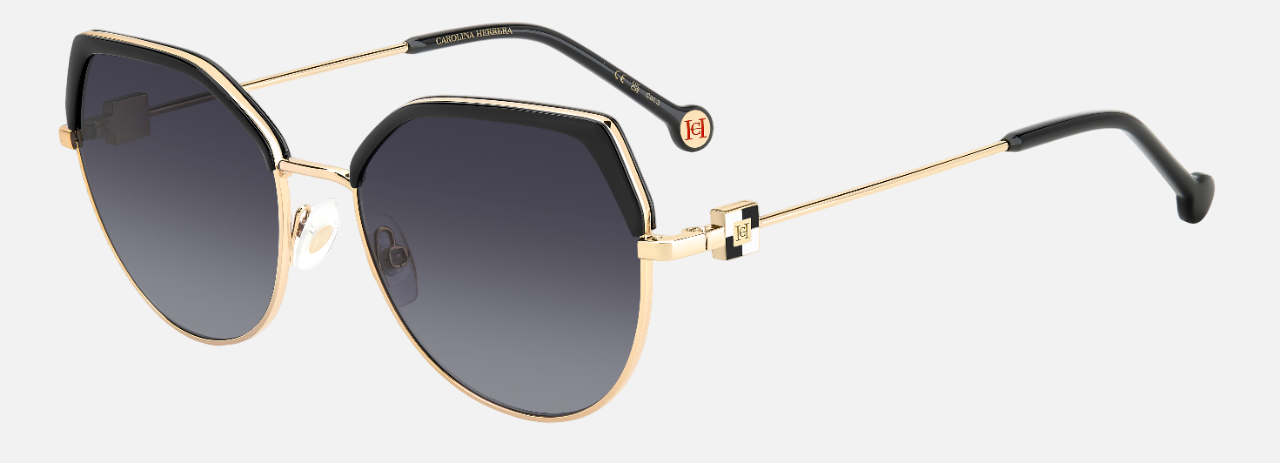 Carolina Herrera HER 0238/S 2M2 irregular sunglasses for women in full rim metal, with black gold frame, and gradient grey lenses. 56mm in lens size, 18mm in bridge size, and 145mm in temple length.