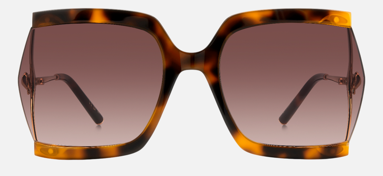 Carolina Herrera HER 0216/G/S LVL oversized sunglasses for women in semi-rimless plastic, with havana gold frame, and gradient brown lenses. 61mm in lens size, 22mm in bridge size, and 120mm in temple length.