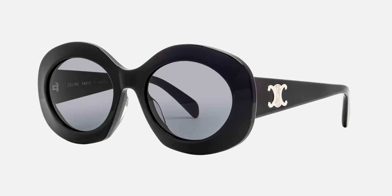 Celine Triomphe CL40292U 01A round sunglasses for women in full rim acetate, with black frame, and grey lenses. 54mm in lens size, 20mm in bridge size, and 140mm in temple length.