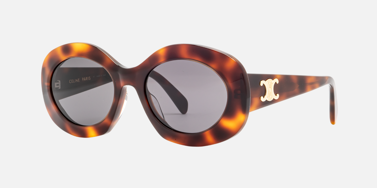 Celine Triomphe CL40292U 53A round sunglasses for women in full rim acetate, with havana frame, and grey lenses. 54mm in lens size, 20mm in bridge size, and 140mm in temple length.