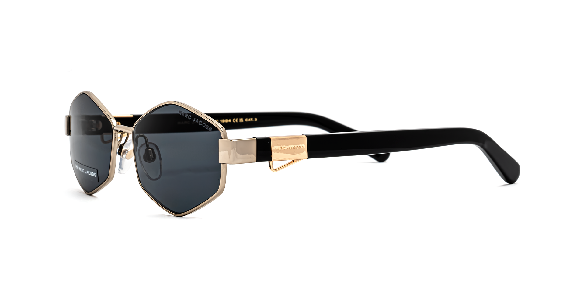 Marc Jacobs Marc 496/S J5G/IR hexagonal sunglasses for women in full rim metal, with gold frame, and grey lenses. 55mm in lens size, 17mm in bridge size, and 140mm in temple length.
