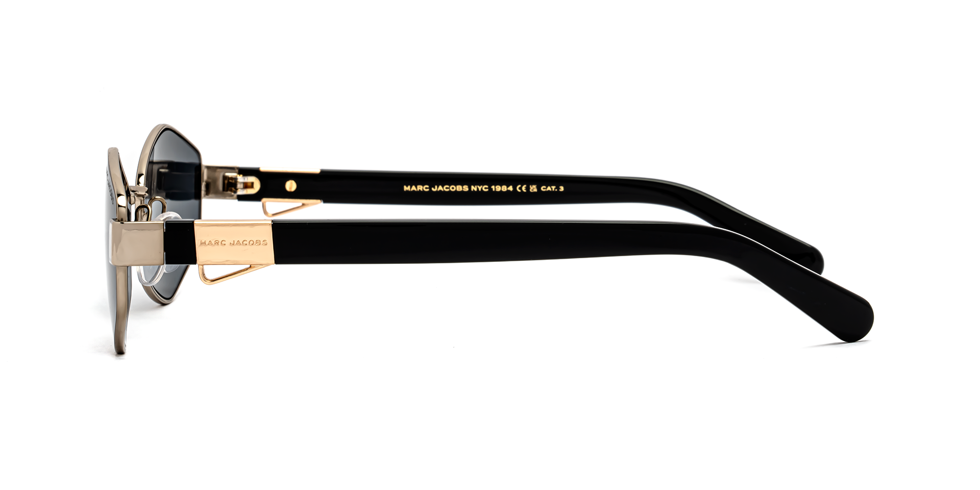 Marc Jacobs Marc 496/S J5G/IR hexagonal sunglasses for women in full rim metal, with gold frame, and grey lenses. 55mm in lens size, 17mm in bridge size, and 140mm in temple length.