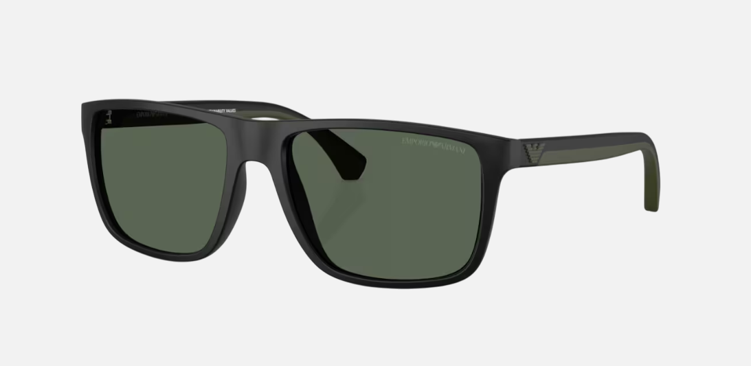 Emporio Armani EA 4033 500171 men's full rim rectangle sunglasses in a black injected frame with dark green lenses. Features a 56 mm lens size, 17 mm bridge size, and 140 mm temple length. Available in Dubai, UAE.