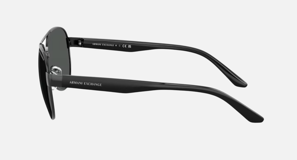 Armani Exchange AX2034S 600087 pilot sunglasses for unisex in full rim metal, with shiny black frame, and grey lenses. 59mm in lens size, 14mm in bridge size, and 145mm in temple length.