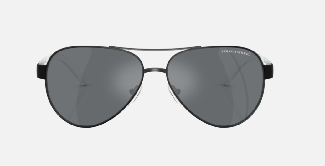 Armani Exchange AX2034S 60636G pilot sunglasses for unisex in full rim metal, with matte black frame, and dark grey mirror lenses. 59mm in lens size, 14mm in bridge size, and 145mm in temple length.