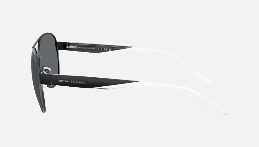 Armani Exchange AX2034S 60636G pilot sunglasses for unisex in full rim metal, with matte black frame, and dark grey mirror lenses. 59mm in lens size, 14mm in bridge size, and 145mm in temple length.