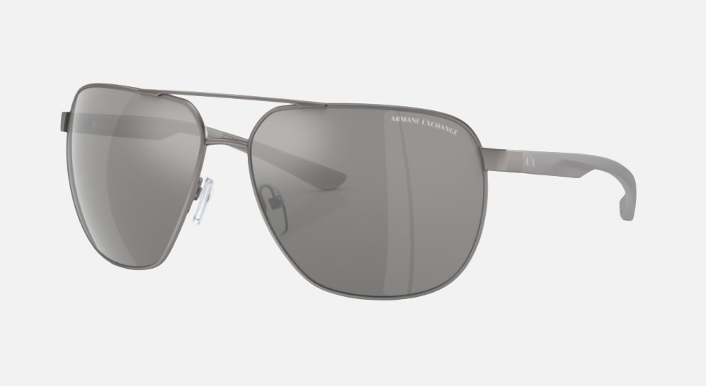 Armani Exchange AX2047S 6003Z3 men's full rim pilot sunglasses in a grey metal frame with grey polarized lenses. Features a 63 mm lens size, 14 mm bridge size, and 130 mm temple length. Available in Dubai, UAE.