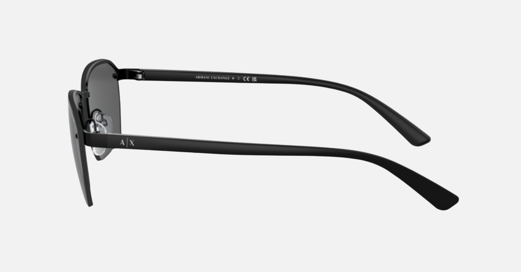 Armani Exchange AX2048S 600087 irregular sunglasses for men in full rim metal, with matte black frame, and dark grey lenses. 59mm in lens size, 16mm in bridge size, and 145mm in temple length.