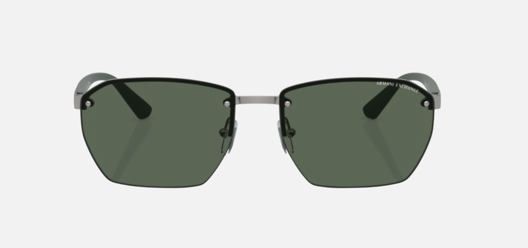 Armani Exchange AX2048S 600371 irregular sunglasses for men in full rim metal, with matte gunmetal frame, and dark green lenses. 59mm in lens size, 16mm in bridge size, and 132mm in temple length.