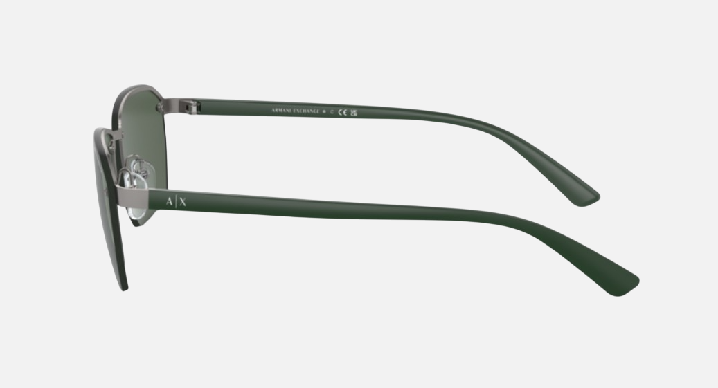 Armani Exchange AX2048S 600371 irregular sunglasses for men in full rim metal, with matte gunmetal frame, and dark green lenses. 59mm in lens size, 16mm in bridge size, and 132mm in temple length.