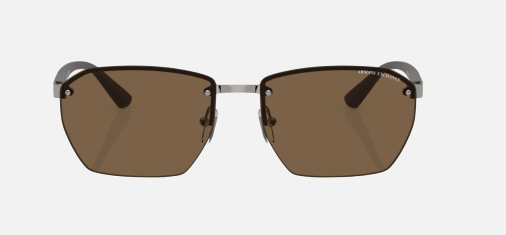 Armani Exchange AX2048S 608573 irregular sunglasses for men in full rim metal, with shiny gunmetal frame, and dark brown lenses. 59mm in lens size, 16mm in bridge size, and 132mm in temple length.