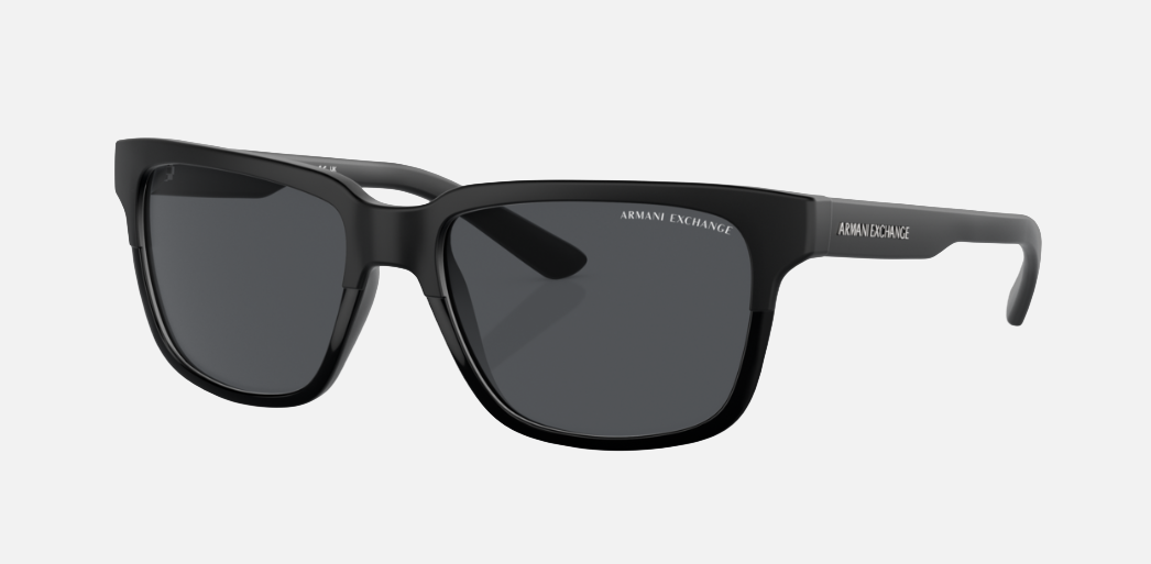 Armani Exchange AX4026S 812287 unisex's full rim square sunglasses in a black acetate frame with grey lenses. Features a 56 mm lens size, 17 mm bridge size, and 140 mm temple length. Available in Dubai, UAE.