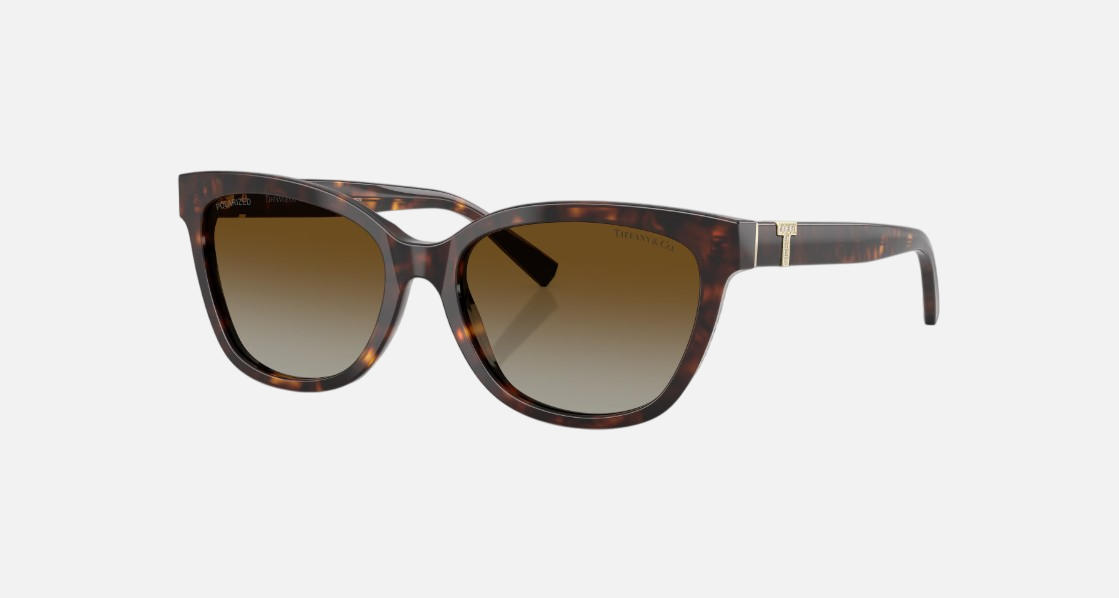 Tiffany TF4237B 8015T5 cat eye sunglasses for women in full rim acetate, with havana frame, and brown gradient lenses. 55mm in lens size, 17mm in bridge size, and 140mm in temple length.