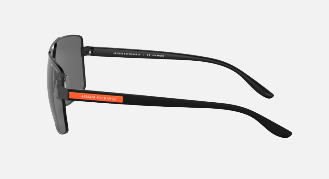 Armani Exchange AX2037S 600081 pilot sunglasses for men in full rim metal, with matte black frame, and dark grey polarized lenses. 60mm in lens size, 14mm in bridge size, and 139mm in temple length.