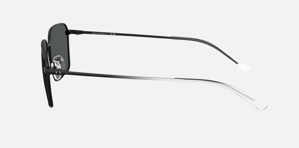 Armani Exchange AX2053S 600087 rectangular sunglasses for men in full rim metal, with matte gunmetal frame, and light grey lenses. 57mm in lens size, 17mm in bridge size, and 136mm in temple length.