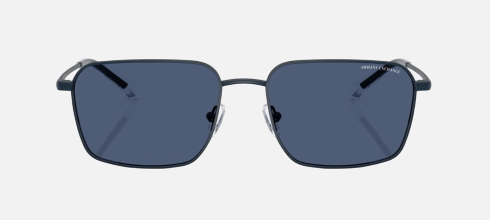 Armani Exchange AX2053S 609980 rectangular sunglasses for men in full rim metal, with matte dark blue frame, and dark blue lenses. 57mm in lens size, 17mm in bridge size, and 136mm in temple length.