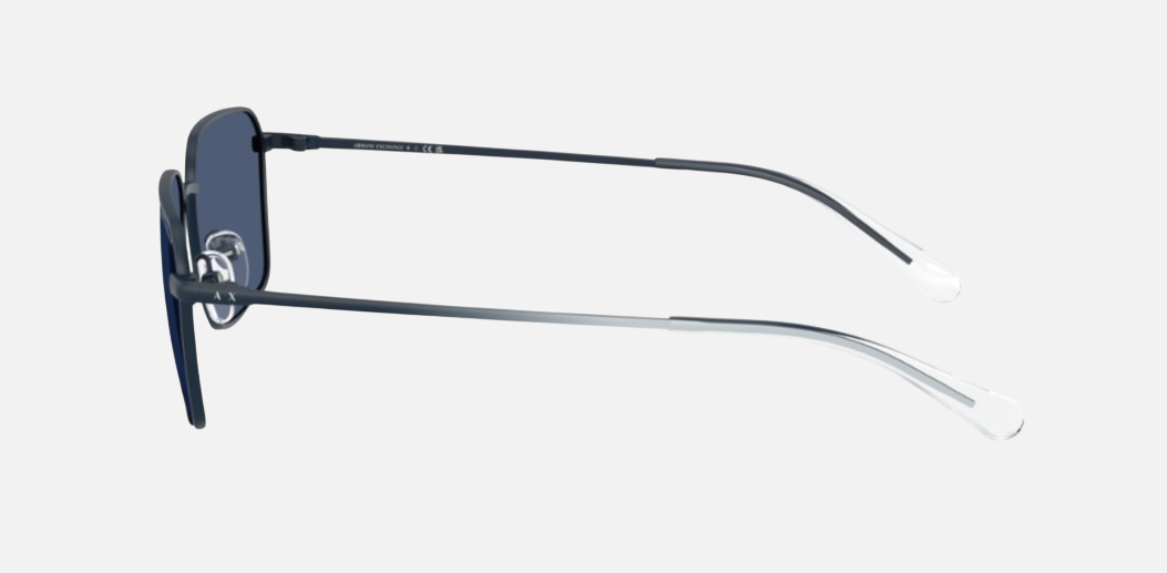 Armani Exchange AX2053S 609980 rectangular sunglasses for men in full rim metal, with matte dark blue frame, and dark blue lenses. 57mm in lens size, 17mm in bridge size, and 136mm in temple length.