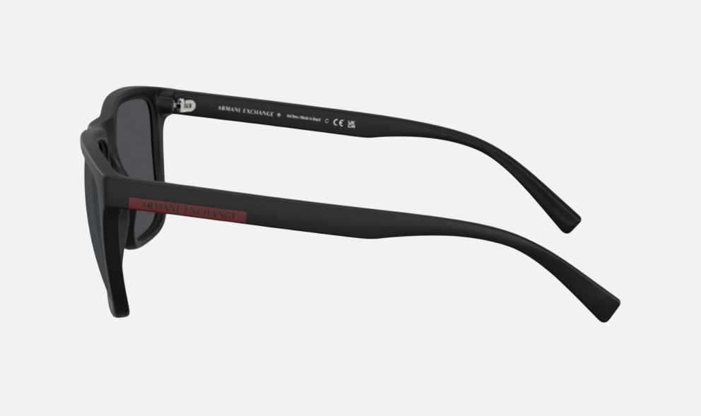 Armani Exchange AX4080S 80786G square sunglasses for men in full rim plastic, with dark grey frame, and black lenses. 57mm in lens size, 19mm in bridge size, and 145mm in temple length.