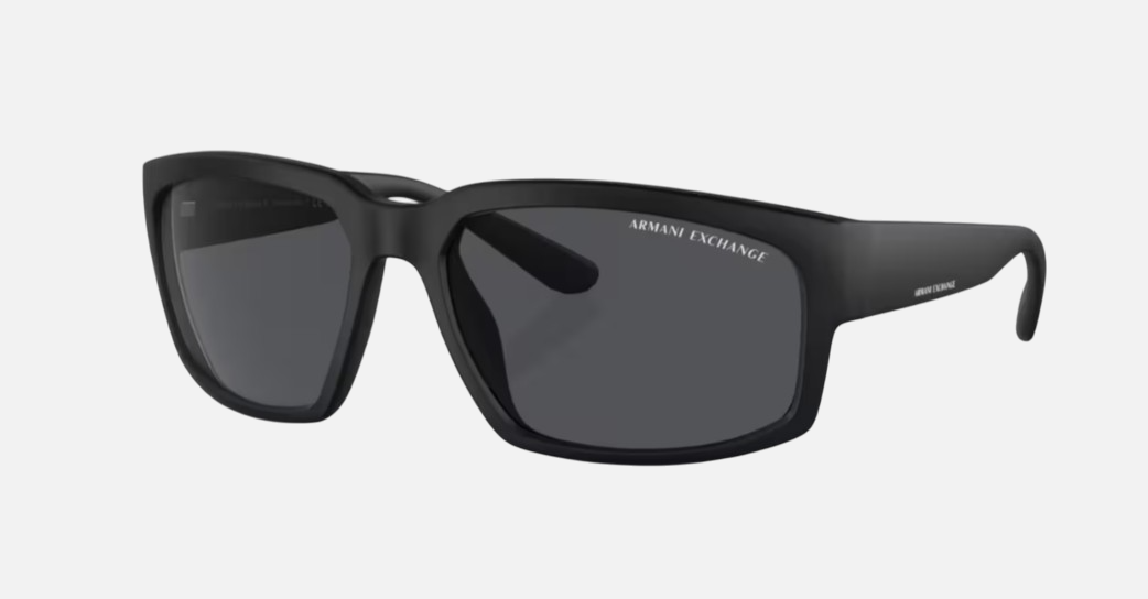 Armani Exchange AX4142SU 807887 square sunglasses for men in full rim plastic, with matte black frame, and dark grey polarized lenses. 61mm in lens size, 17mm in bridge size, and 135mm in temple length.