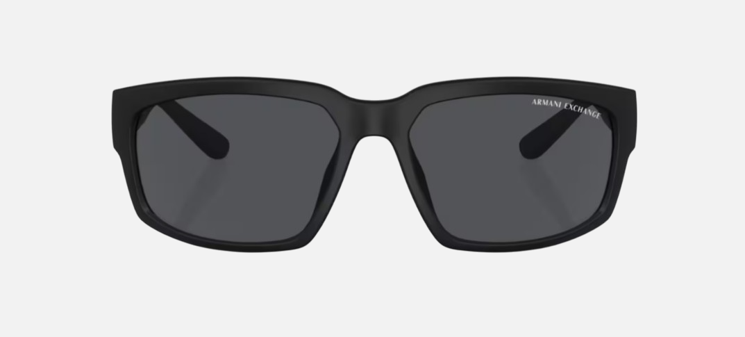 Armani Exchange AX4142SU 807887 square sunglasses for men in full rim plastic, with matte black frame, and dark grey polarized lenses. 61mm in lens size, 17mm in bridge size, and 135mm in temple length.