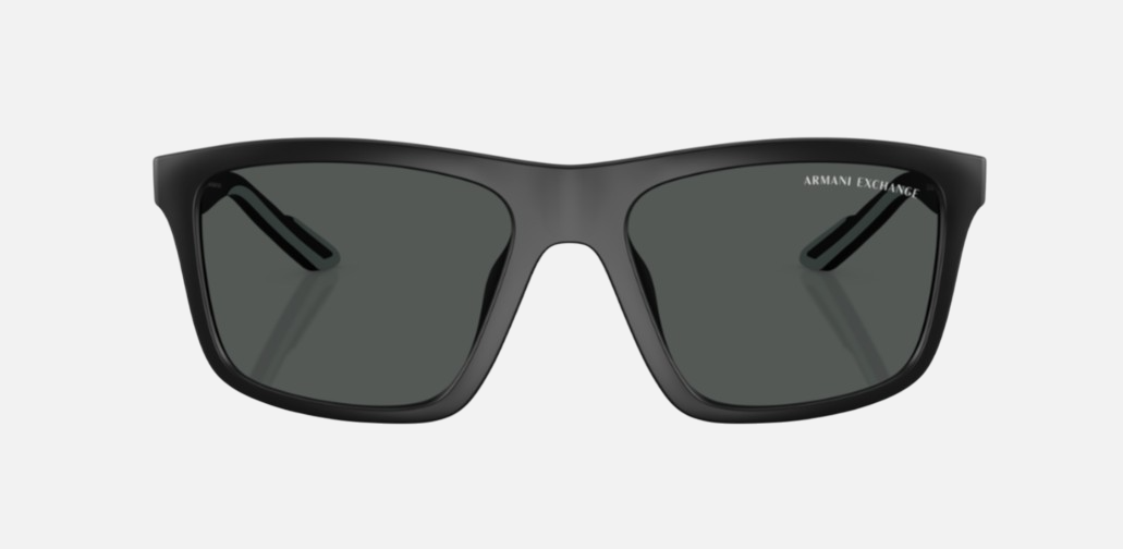 Armani Exchange AX4149SU 805887 square sunglasses for men in full rim plastic, with matte black frame, and dark grey lenses. 56mm in lens size, 18mm in bridge size, and 132mm in temple length.