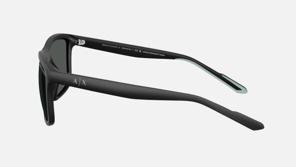Armani Exchange AX4149SU 805887 square sunglasses for men in full rim plastic, with matte black frame, and dark grey lenses. 56mm in lens size, 18mm in bridge size, and 132mm in temple length.
