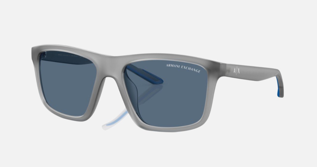 Armani Exchange AX4149SU 836380 square sunglasses for men in full rim plastic, with opaque grey frame, and dark blue lenses. 56mm in lens size, 18mm in bridge size, and 132mm in temple length.