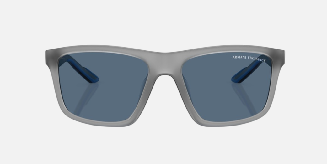 Armani Exchange AX4149SU 836380 square sunglasses for men in full rim plastic, with opaque grey frame, and dark blue lenses. 56mm in lens size, 18mm in bridge size, and 132mm in temple length.