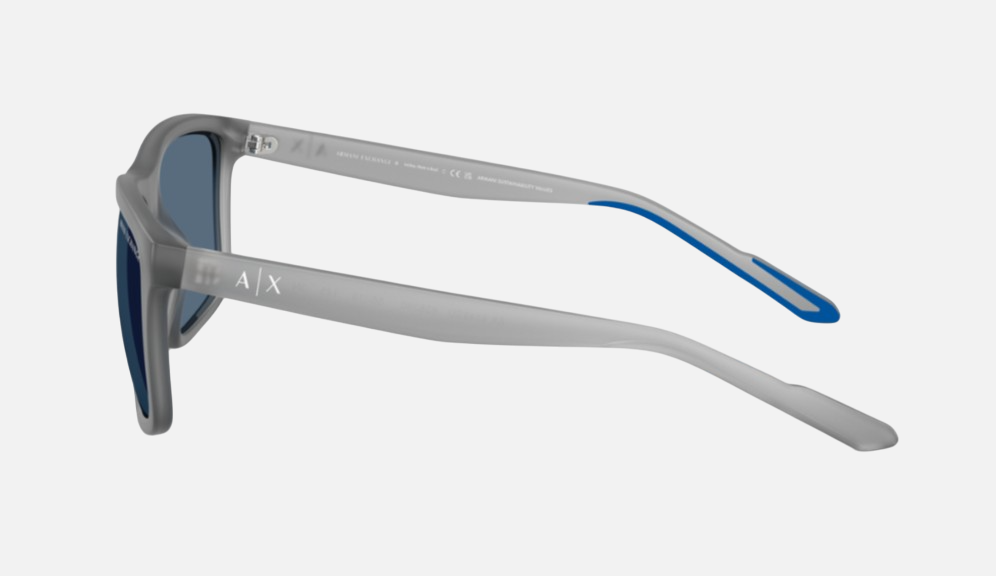 Armani Exchange AX4149SU 836380 square sunglasses for men in full rim plastic, with opaque grey frame, and dark blue lenses. 56mm in lens size, 18mm in bridge size, and 132mm in temple length.